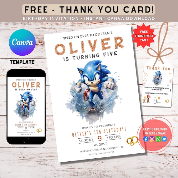 Watercolor Style Super Sonic The Hedgehog Birthday invitation | canva Sonic Birthday Party Invites | E-invite, Digital invite Thank you Card