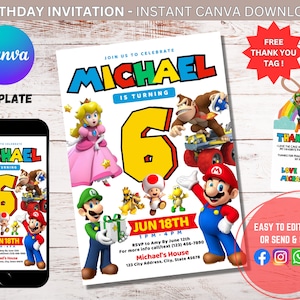 Bearbeitbare Mario Kinder Einladung, Super Mario Brothers, digitaler Download | Bearbeitbar In Canva Printable Download, Mario Birthday Kid Invite