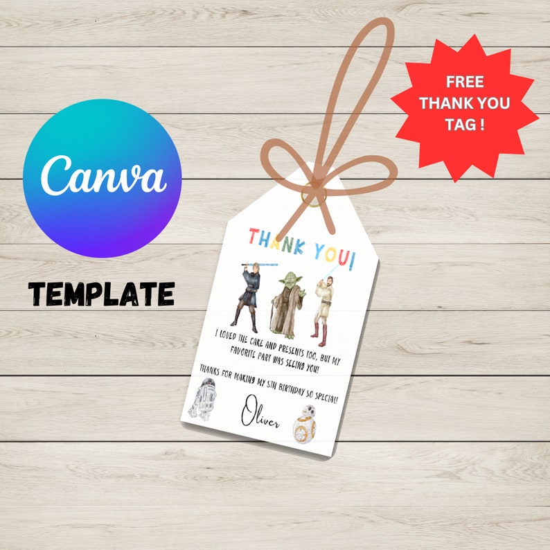 May include: A Star Wars themed thank you tag with a white background and colorful text. The tag features images of characters from the Star Wars movies, including Yoda, Luke Skywalker, and Darth Vader. The text on the tag reads "Thank You!" and "I loved the cake and presents too, but my favorite part was seeing you!"  "Thanks for making my 6th birthday so special!"  "Oliver"