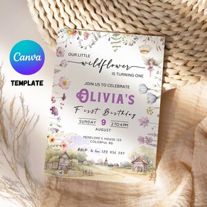 Wildflower Fairy 1st Birthday Invitation, Enchanted Fairy First Birthday Garden Party Printable Invite, boho birthday, Thank you card bundle
