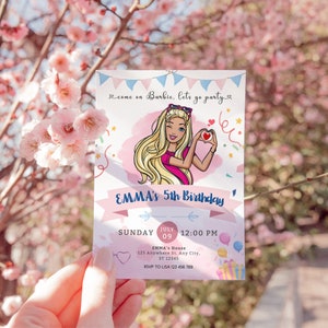 Inbjudan till flickamodedocka, födelsedagsinbjudan till tjejfest, Barbie-födelsedagsinbjudan, redigerbar tackkortspaket bild 3