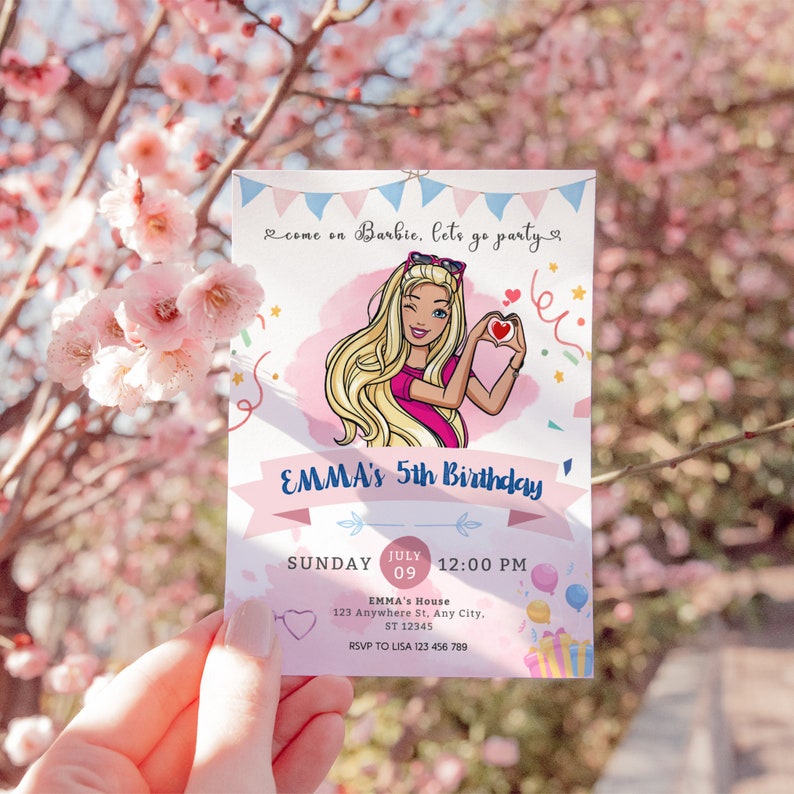 Inbjudan till flickamodedocka, födelsedagsinbjudan till tjejfest, Barbie-födelsedagsinbjudan, redigerbar tackkortspaket bild 3