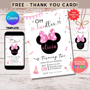 Girl&#39;s 2nd Birthday, Oh Twodles Invite, Girl Theme Invitation, Printable Second Birthday Invitation for girl birthday, Thank you card bundle