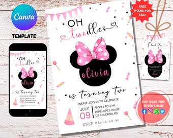 Girl's 2nd Birthday, Oh Twodles Invite, Girl Theme Invitation, Printable Second Birthday Invitation for girl birthday, Thank you card bundle