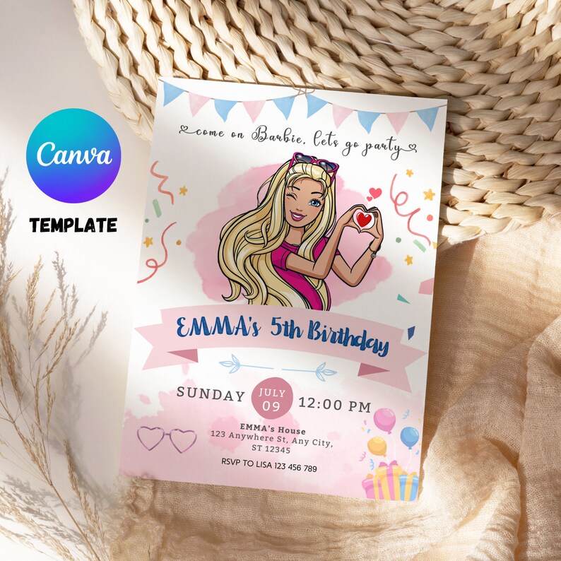 Inbjudan till flickamodedocka, födelsedagsinbjudan till tjejfest, Barbie-födelsedagsinbjudan, redigerbar tackkortspaket bild 2