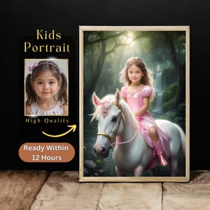 Custom Princess Riding Unicorn Portrait, Personalized Gift for Girls, Birthday Gift for Daughter, Princess Portrait from Photo, Unique Gifts