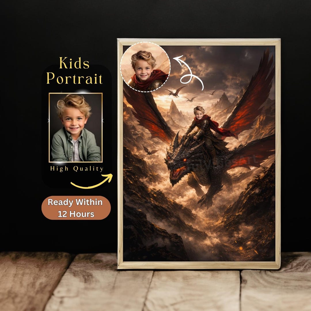Dragon Portrait From Photo, Personalized Kids Riding Dragon, Kids ...