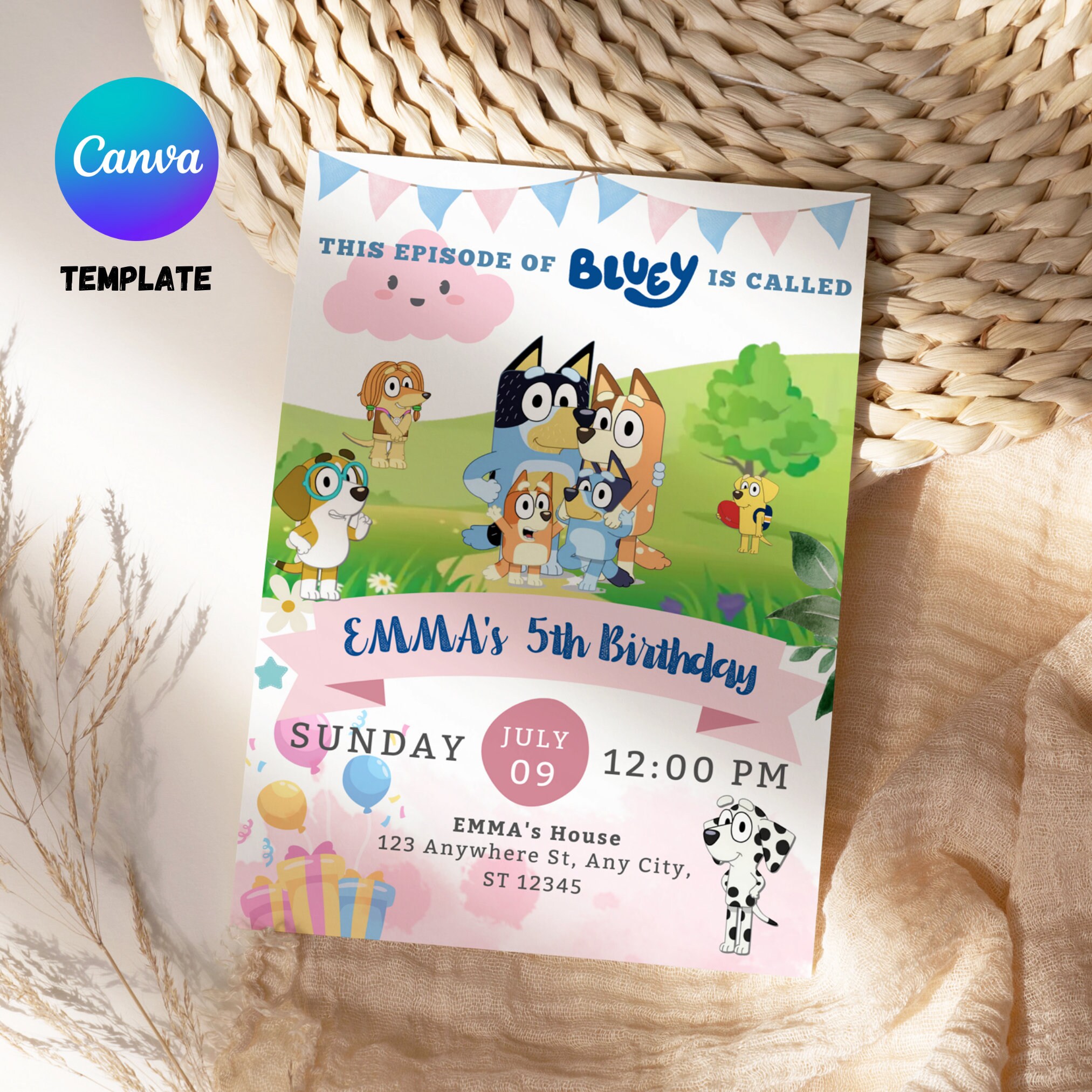Editable Bluey Birthday Invitation + Thank You Tag