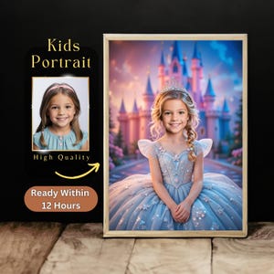 Princess Portrait for Girls, Personalized Royal Portrait, Unique Birthday Gift, Custom Kid&#39;s Wall Art, Kids Room Decor, Portrait From Photo