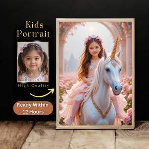 Personalized Princess Portrait with Unicorn, Custom Fantasy Art, Birthday Gift for Girl, Unique Gift for Daughter from Photo, Gifts for Girl
