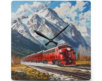 Horloge murale - Locomotive diesel des années 50 dans les montagnes de la calotte enneigée, belle oeuvre d'art murale