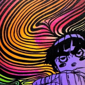 May include: Psychedelic art print featuring a stylized illustration of a person with a purple face and black hair. The background has swirling, colorful lines in shades of orange, pink, and yellow.