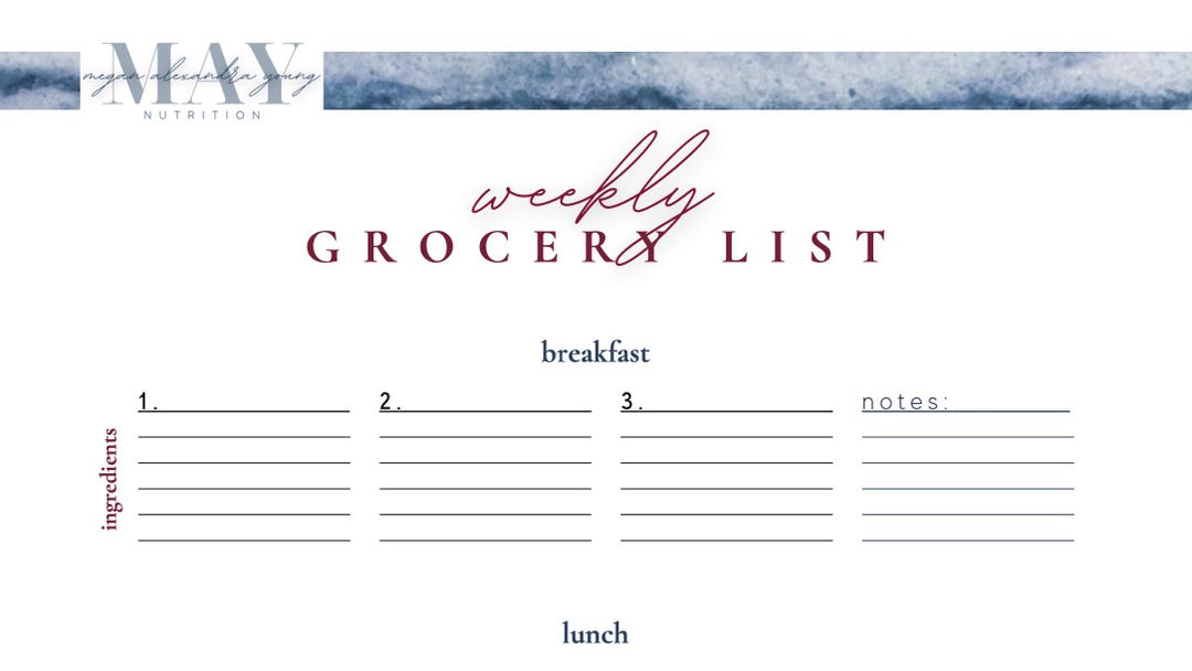 Minimalist Grocery List Printable Weekly Meal Planning Template