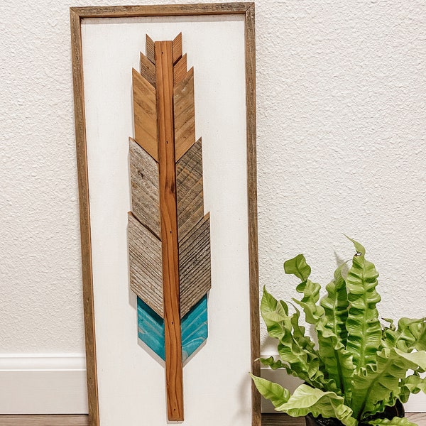 Rustic | Boho | Western | Farmhouse Modern | Feather Wood Art | Wall Hanging Décor | Turquoise | NorCal Reclaimed Redwood