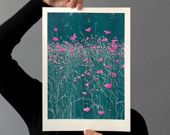 Impression risographique Bleuet, format A4, rose fluo et turquoise, décoration murale, estampe d'art