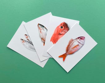 Lot de 4 cartes postales Riso poissons