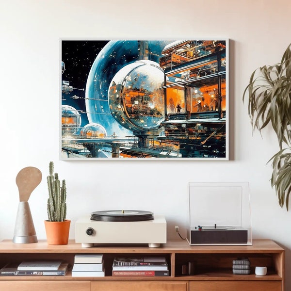 Futuraville 3100  - Retro-Vintage sci-fi painting, 1970's space station. FOUR IMAGES, 16:9, 300dpi