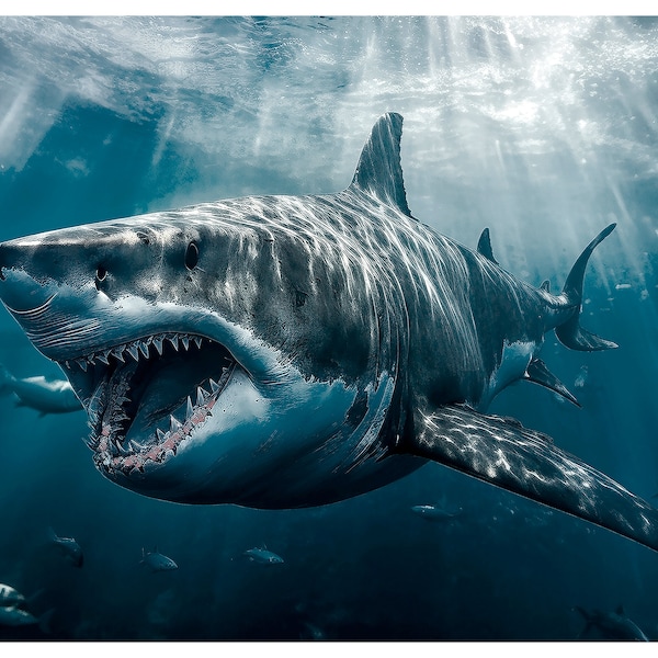 The Great White Shark - Digital Illustration of a great white shark underwater. Printable Wall Art, 30x20, 24x16, 18x12, 15x10, 12x8 inches.