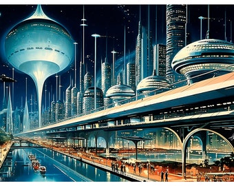 Metropolis: A retro look at the cities of the future. Unframed, printable downloads, 36x24, 30x20, 24x16, 18x12, and 15x10 in.