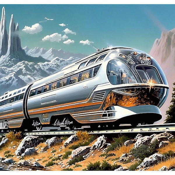 Silver Mountain Train : Fine art print of a retro-futuristic mountain train for contemporary modern spaces.