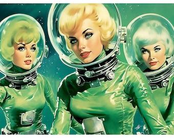 Green Space Sisters - Retro-Futuristic space art depicting three mid-century styled female astronauts in green space suits. 300 dpi.