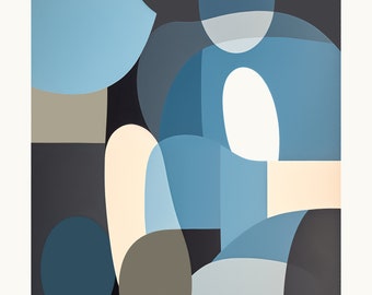 1951: An abstract, unframed digital painting by Curtis Cole. This printable wall art based on monochromatic blue in Mid-century modern style