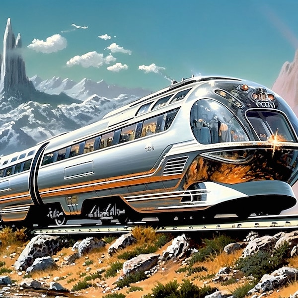 Silver Mountain Space Train - Retro-Futuristic silver train coursing through the mountains in daylight. Printable Wall Art. 300 Dpi