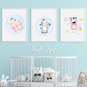 Watercolor Zebra Nursery Prints, Sleeping Animal Set of 3 (Digital Download)