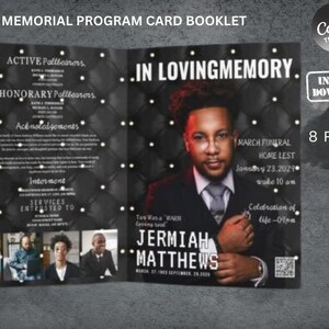 Sjabloon voor 8 pagina's zwart begrafenisprogramma, 17 x 11 inch Memorial Obituary & Celebration of Life Program in Loving Memory