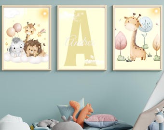 Personalized Nursery Art Prints, Safari Animals Initial Wall Decor, Custom Baby Name Prints