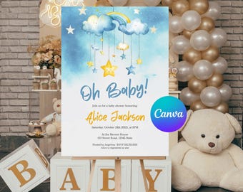 Plantilla de invitación para baby shower, diseño de acuarela de nubes y estrellas (descarga digital)