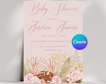 Plantilla de invitación para baby shower estilo bohemio, invitación floral, invitación neutra para baby shower