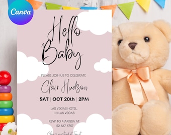 Invitación para baby shower con diseño minimalista de nubes (descarga digital)