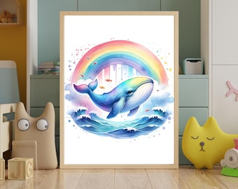 Lámina infantil de ballena arcoíris / Decoración de habitación infantil con temática oceánica en acuarela (descarga instantánea)
