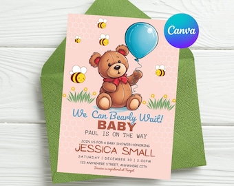 Plantilla de invitación para baby shower con osito de peluche y abeja (descarga digital)