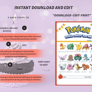 Pokemon scavenger hunt printable kit for kids birthday parties. Includes 54 trainer cards with Pokémon themes and a 4-page checklist for fun treasure hunts. Instant download game designed for Pokémon birthday parties, gamer events, and kids activities. Great for Pikachu party games, Charizard scavenger hunts, and PokéBall themed fun. Fun digital download activity that doubles as a birthday favor game. Perfect printable scavenger hunt for Pokémon fans of all ages.
