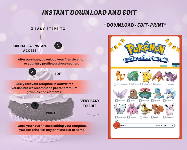 Pokemon scavenger hunt printable kit for kids birthday parties. Includes 54 trainer cards with Pokémon themes and a 4-page checklist for fun treasure hunts. Instant download game designed for Pokémon birthday parties, gamer events, and kids activities. Great for Pikachu party games, Charizard scavenger hunts, and PokéBall themed fun. Fun digital download activity that doubles as a birthday favor game. Perfect printable scavenger hunt for Pokémon fans of all ages.