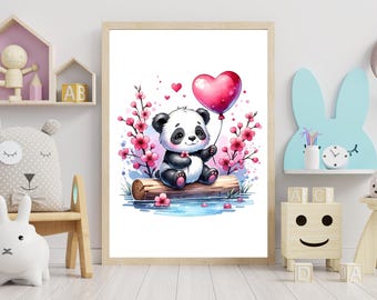 Panda-Kinderzimmer-Kunst | Baby Panda mit Herz Luftballon (Digital Download)