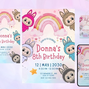 Labubu verjaardagsuitnodiging: Rainbow Kawaii Party, bewerkbare sjabloon (digitale download)