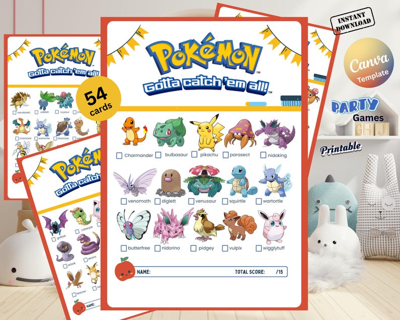 Pokemon scavenger hunt game printable with 54 trainer cards and checklist. Fun kids activity for birthday parties, gamer events, or family nights. Digital download scavenger hunt designed for Pokémon fans with Pikachu, Charizard, PokéBall themes. Perfect for indoor and outdoor play, party favors, and birthday activities. Use as a Pokémon birthday game, party hunt activity, or treasure hunt game for kids who love gaming and catching characters.