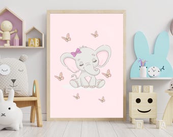 Lámina decorativa de elefantes para habitación infantil de niña / Estampado de mariposas en acuarela rosa (descarga digital)