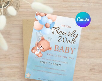 Invitación para baby shower con osito de peluche "Podemos esperar" (descarga digital)