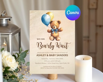 Invitación para baby shower con osito de peluche, "Podemos esperar" (descarga digital)