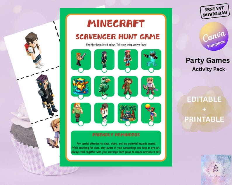 Minecraft Scavenger Hunt Game Kids Birthday Party Game Printable