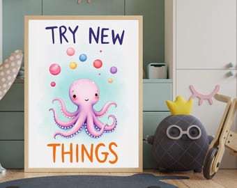 Lámina infantil de pulpo / Arte mural motivacional "Prueba cosas nuevas" (Descarga digital)