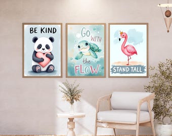 Poster mit Tiermotiv | Flamingo, Schildkröte, Panda positive Nachricht Wandkunst (Instant Download)