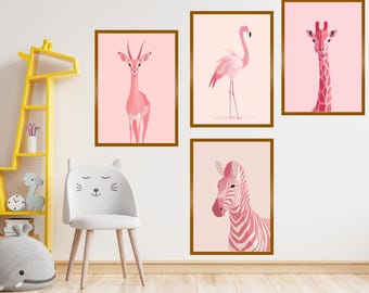 Set de láminas infantiles de animales de safari en color rosa / Láminas de jirafa, flamenco y cebra (descarga digital)