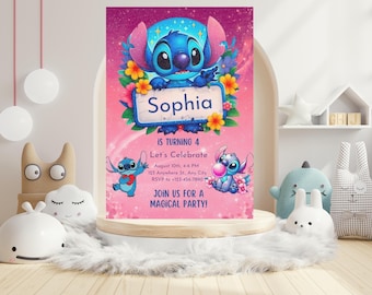 Cute Blue Alien Stitch Birthday Invitation Editable Canva Template | Girl Kids Party Invite | Printable Digital Instant Download
