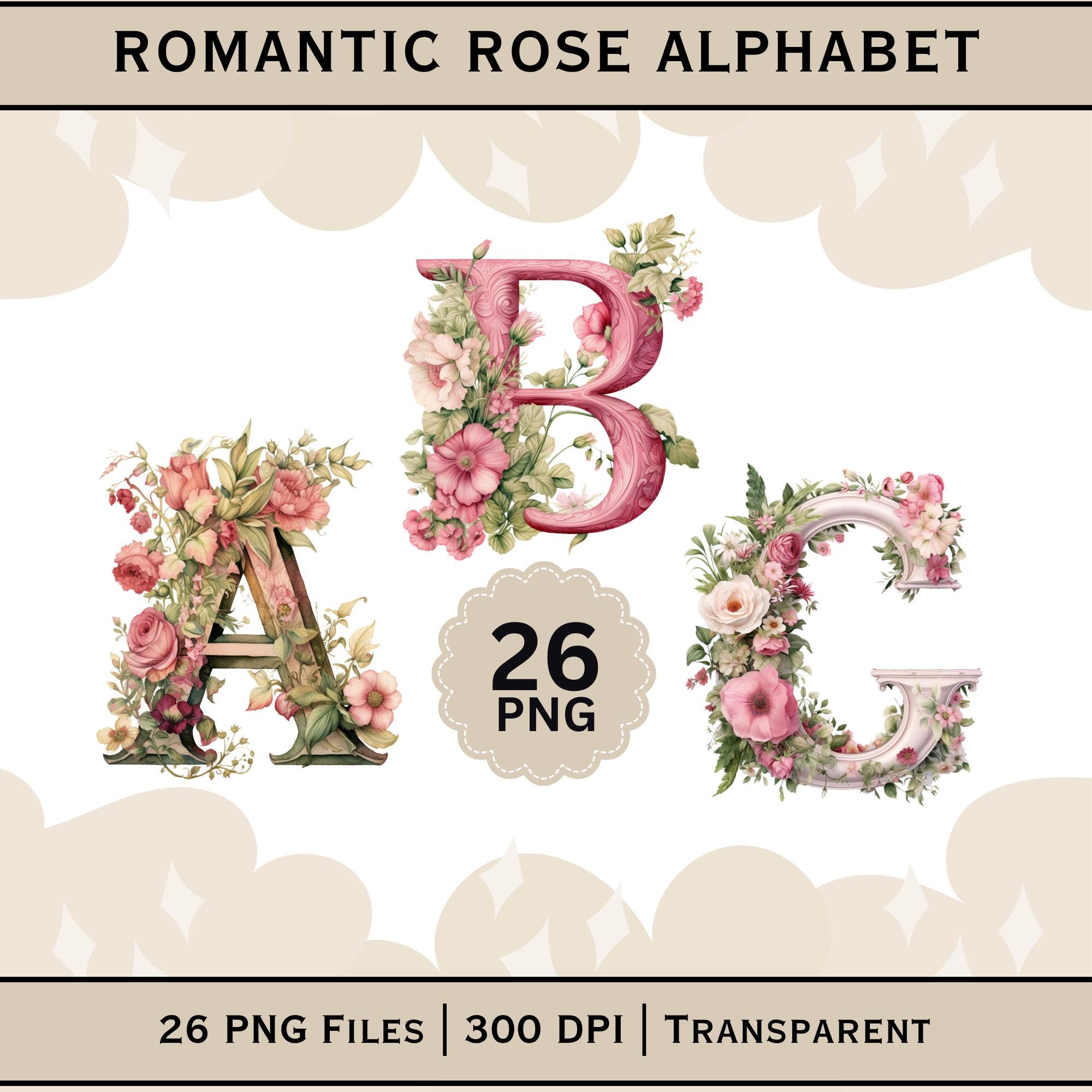 Rose Floral Alphabet PNG A Z | Vintage Flower Letter Clipart Wedding ...