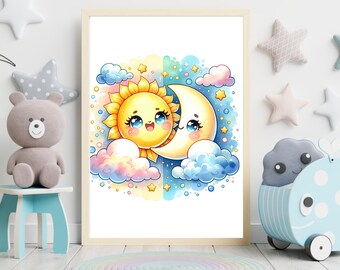 Lámina infantil con diseño de sol y luna / Decoración celestial para la habitación del bebé (descarga digital)